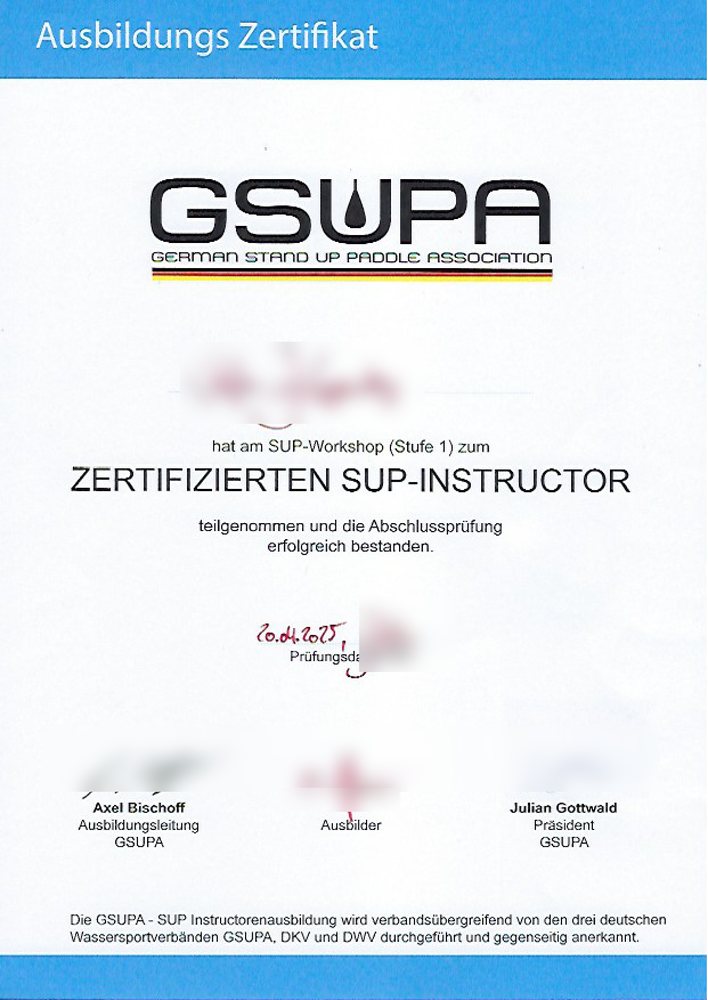 Ausbildungszertifikat der German Stand Up Paddle Association für Stefan Koppenberg als zertifizierter SUP-Instructor, Prüfung am 20.04.2025